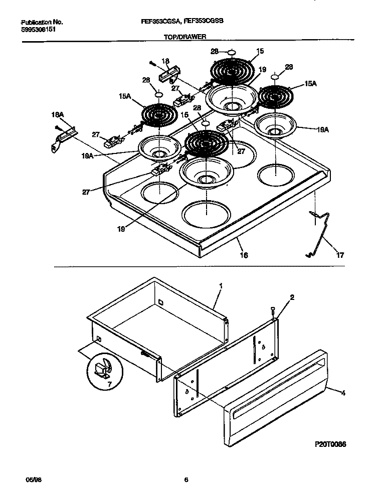 TOP / DRAWER Diagram and Parts List for FEF353CGSA  Frigidaire Range