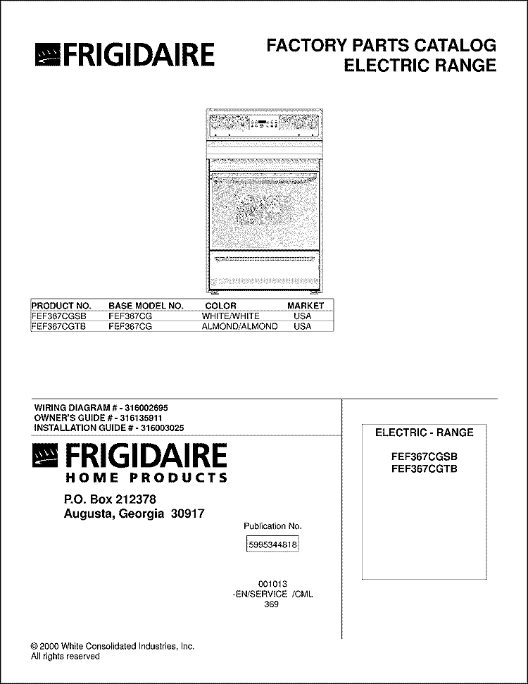 COVER Diagram and Parts List for FEF367CGTB  Frigidaire Range