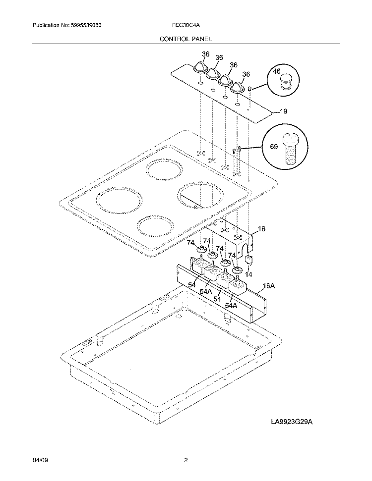 CONTROL PANEL Diagram and Parts List for FEC30C4AQ1  Frigidaire Cooktop