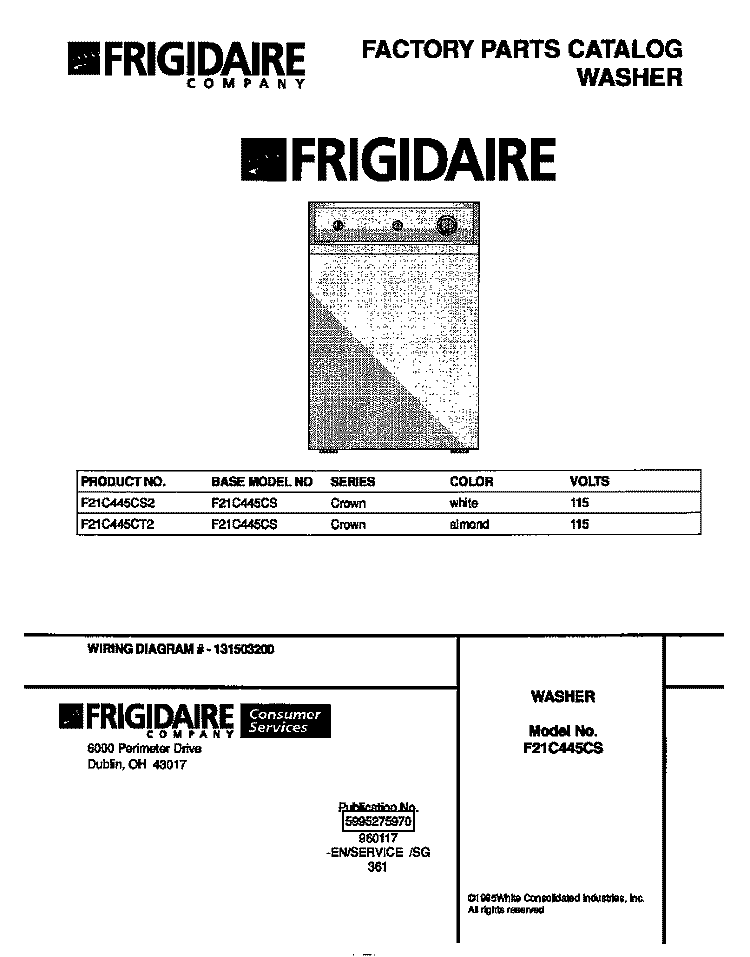 COVER Diagram and Parts List for F21C445CS2  Frigidaire Washer