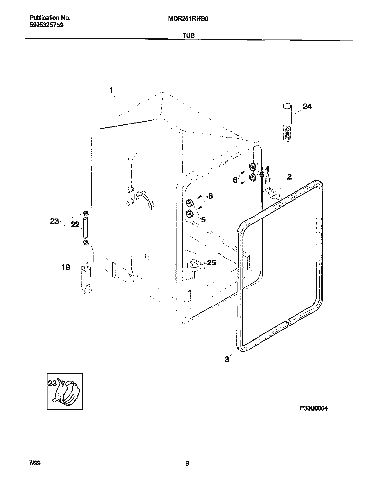 TUB Diagram and Parts List for MDR251RHS0  Frigidaire Dishwasher