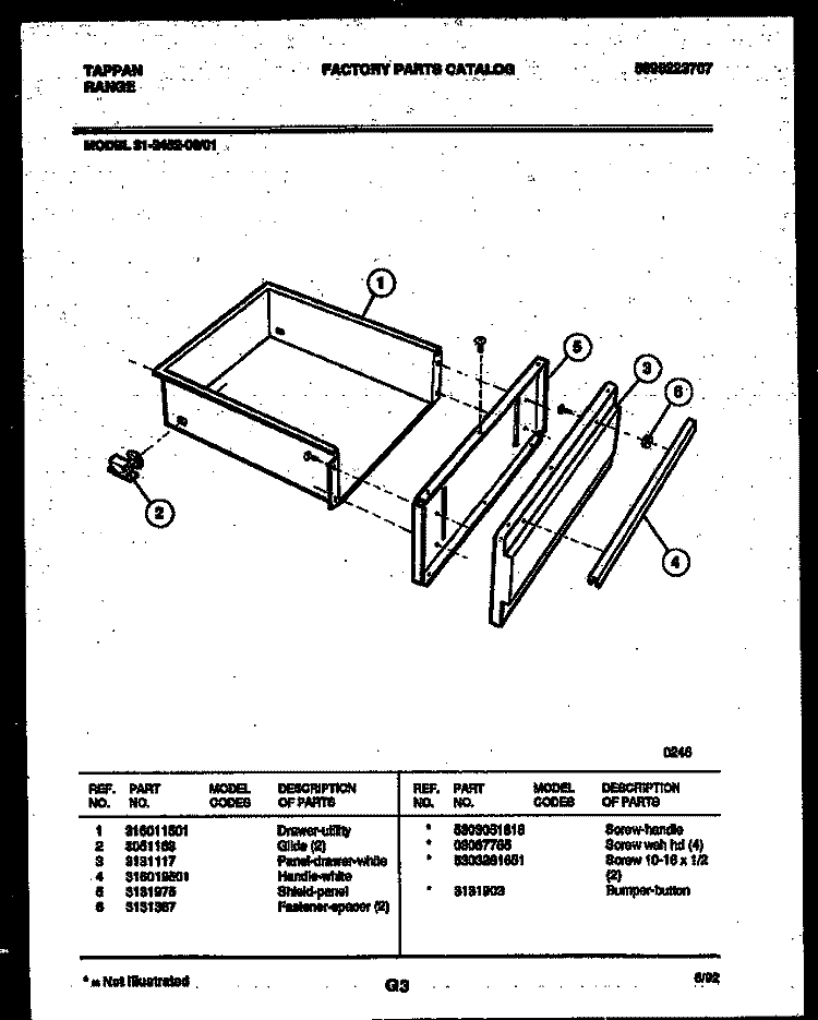 DRAWER PARTS Diagram and Parts List for 31-2452-00-01  Tappan Range