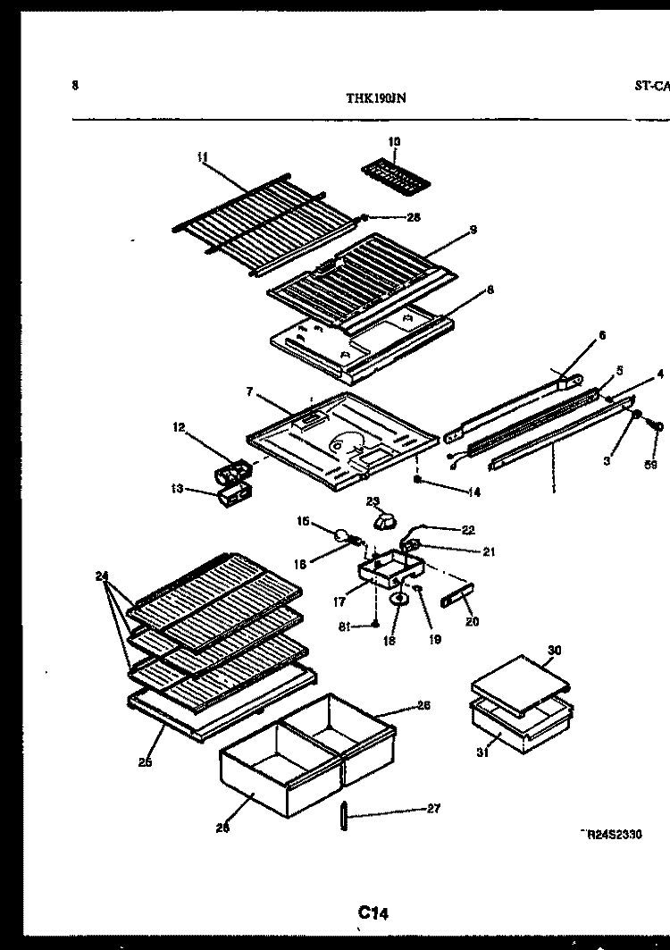SHELVES AND SUPPORTS Diagram and Parts List for THK190JN1W  Kelvinator Refrigerator