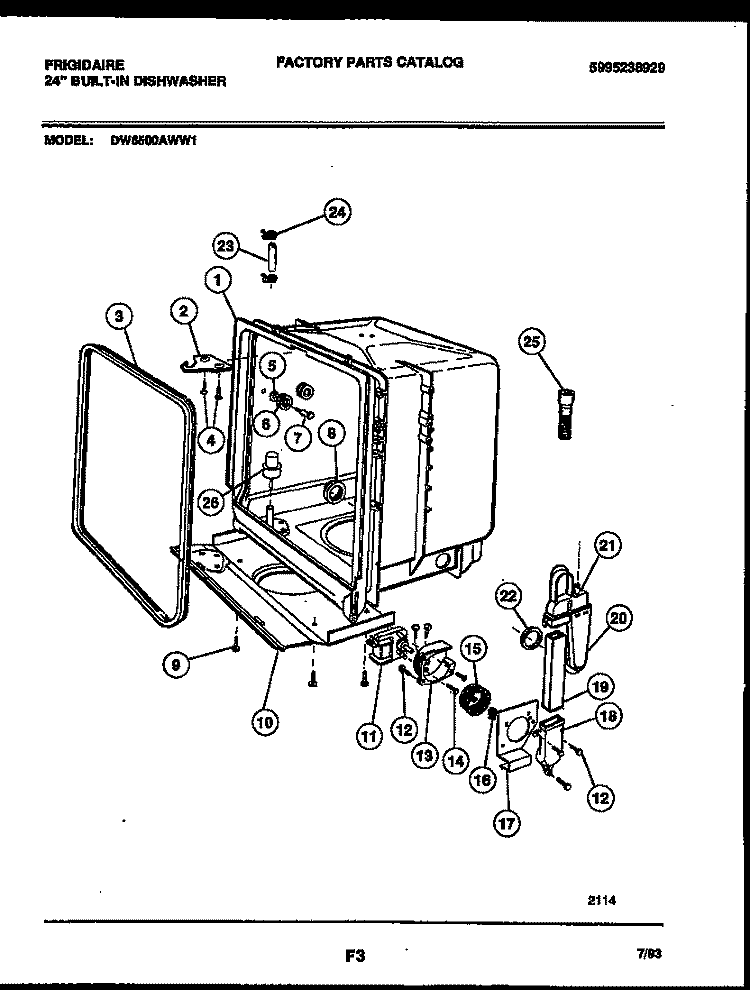 TUB AND FRAME PARTS Diagram and Parts List for DW6500AWW1  Frigidaire Dishwasher