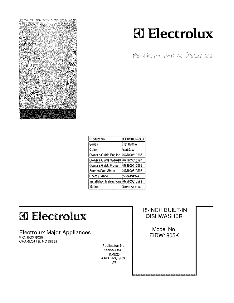 COVER Diagram and Parts List for EIDW1805KS0A  Electrolux Dishwasher
