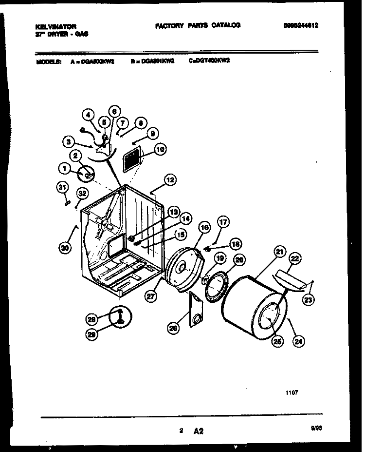 CABINET AND COMPONENT PARTS Diagram and Parts List for DGT400KW2  Kelvinator Dryer