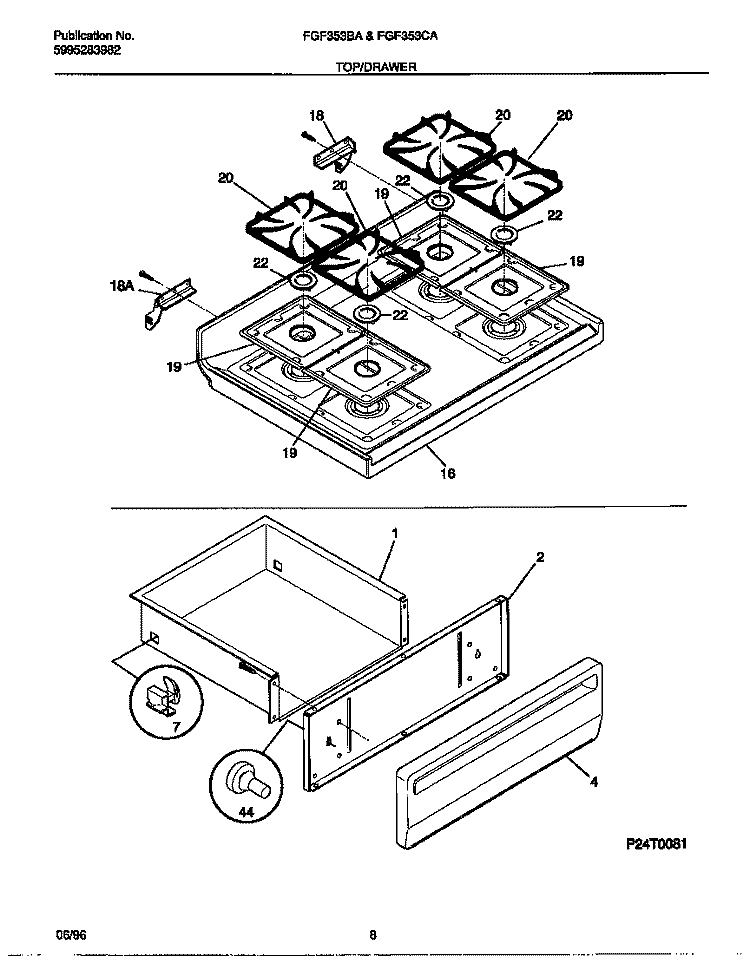 TOP / DRAWER Diagram and Parts List for FGF353CATE  Frigidaire Range