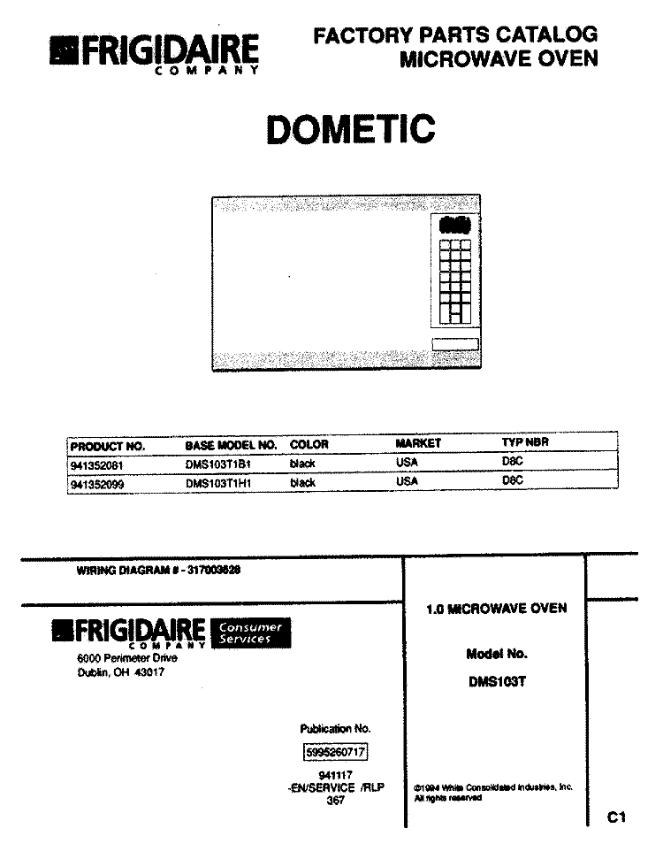 COVER Diagram and Parts List for DMS103T1B1  Frigidaire Microwave