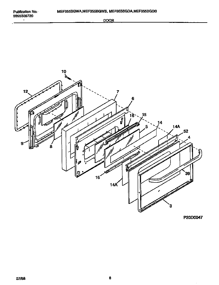 DOOR Diagram and Parts List for MEF355BGDA  Frigidaire Range