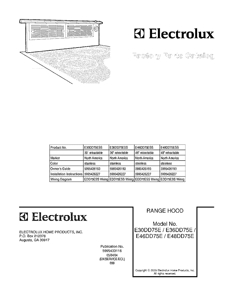 COVER Diagram and Parts List for E30DD75ESS  Electrolux Range Hood