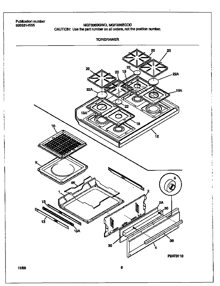 TOP / DRAWER Diagram and Parts List for MGF336BGDD  Frigidaire Range