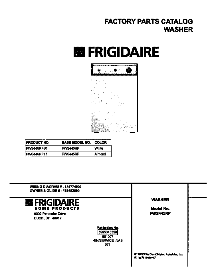 COVER Diagram and Parts List for FWS445RFS1  Frigidaire Washer
