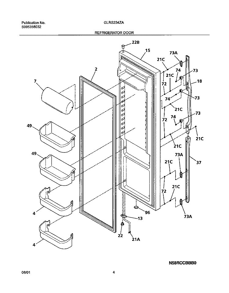 REFRIGERATOR DOOR Diagram and Parts List for GLRS234ZAW2  Frigidaire Refrigerator