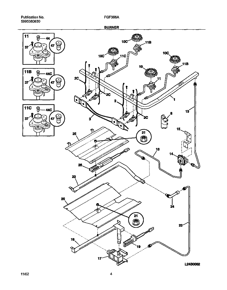 BURNER Diagram and Parts List for FGF366AUA  Frigidaire Range