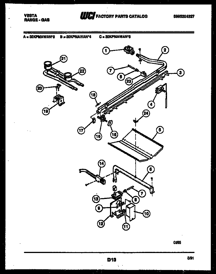 BURNER, MANIFOLD AND GAS CONTROL Diagram and Parts List for 30KPMAWAN4  Tappan Range
