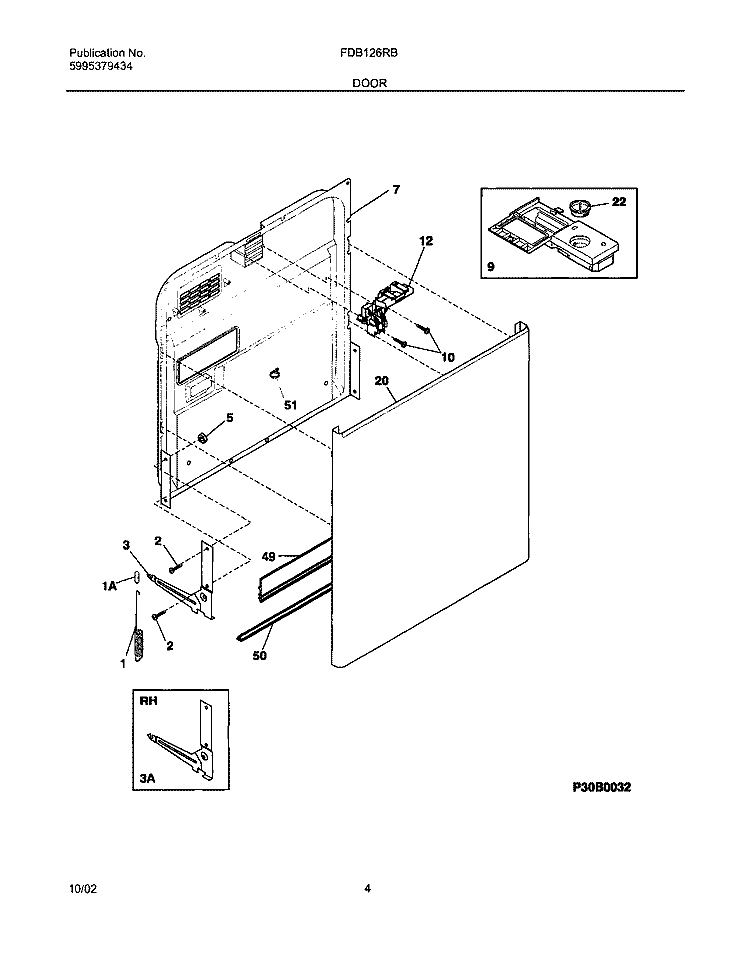 DOOR Diagram and Parts List for FDB126RBS1  Frigidaire Dishwasher