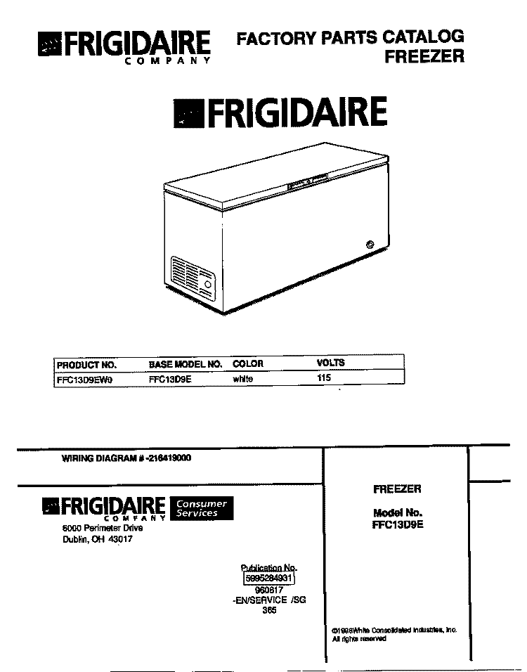 COVER Diagram and Parts List for FFC13D9EW0  Frigidaire Freezer