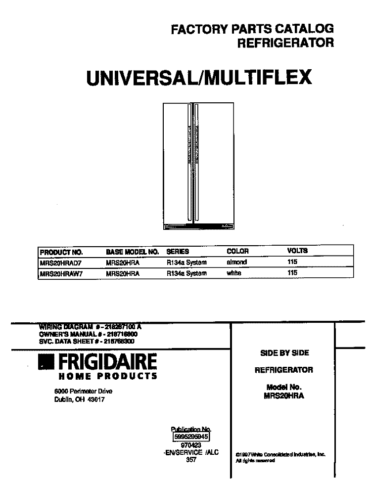 COVER Diagram and Parts List for MRS20HRAD7  Frigidaire Refrigerator