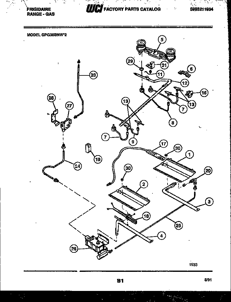 BURNER, MANIFOLD AND GAS CONTROL Diagram and Parts List for GPG38BNW2  Frigidaire Range