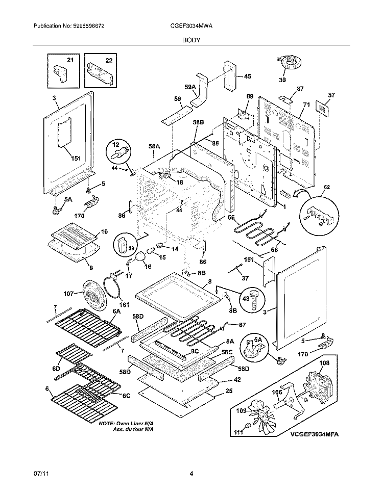 BODY Diagram and Parts List for CGEF3034MWA  Frigidaire Range