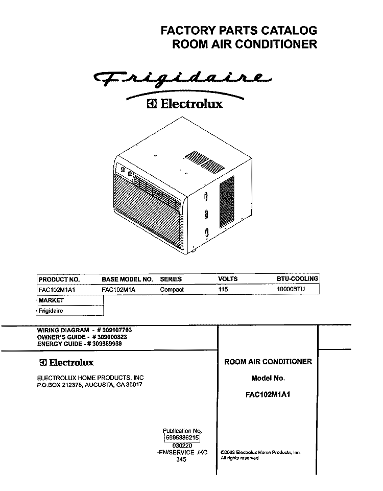COVER Diagram and Parts List for FAC102M1A1  Frigidaire Air Conditioner