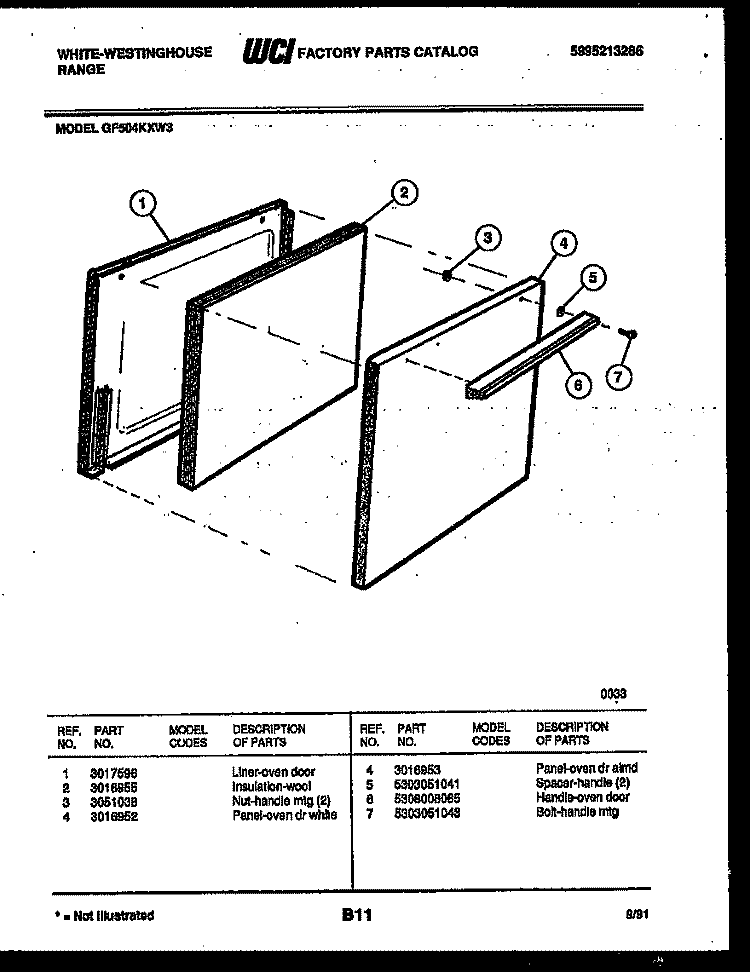 DOOR PARTS Diagram and Parts List for GF504KXD3  Frigidaire Range
