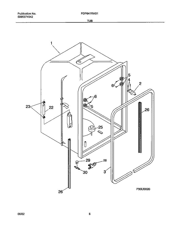 TUB Diagram and Parts List for FDP641RAS1  Frigidaire Dishwasher