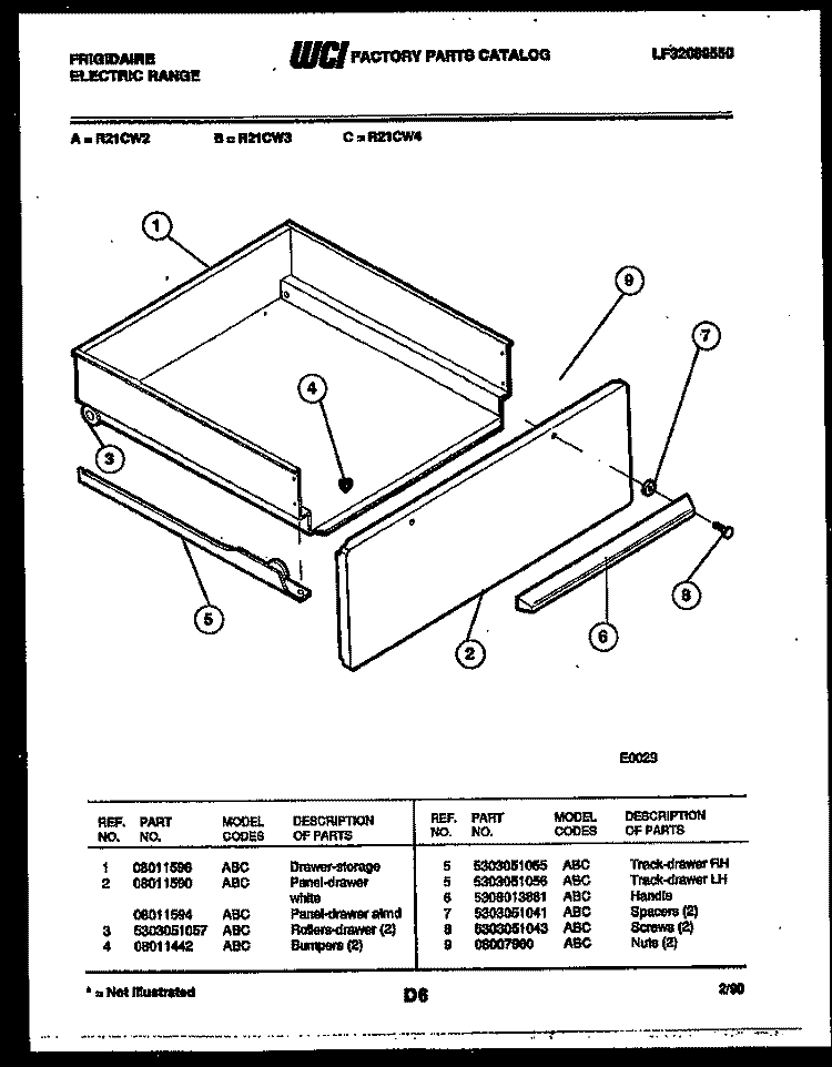 DRAWER PARTS Diagram and Parts List for R21CL4  Frigidaire Range