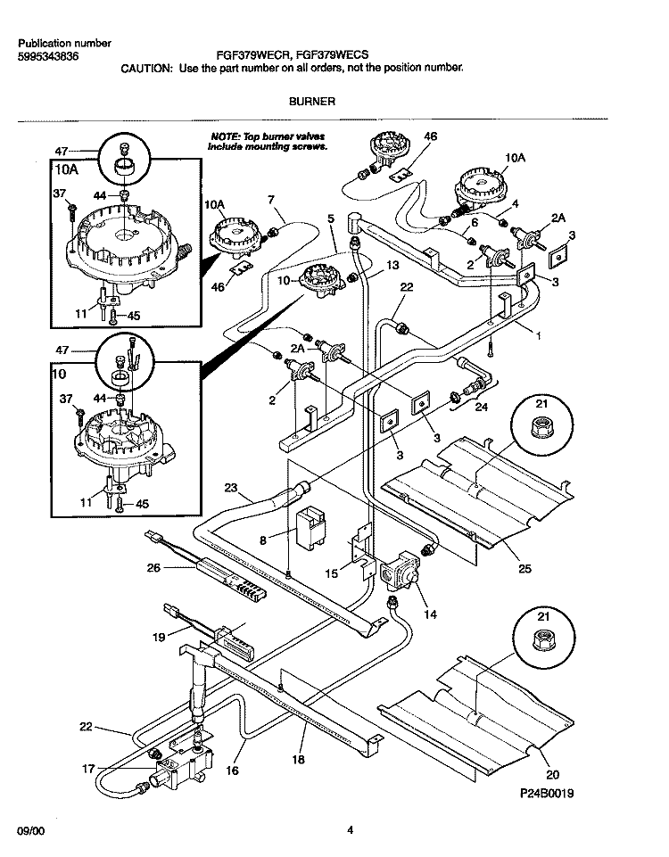 BURNER Diagram and Parts List for FGF379WECS  Frigidaire Range