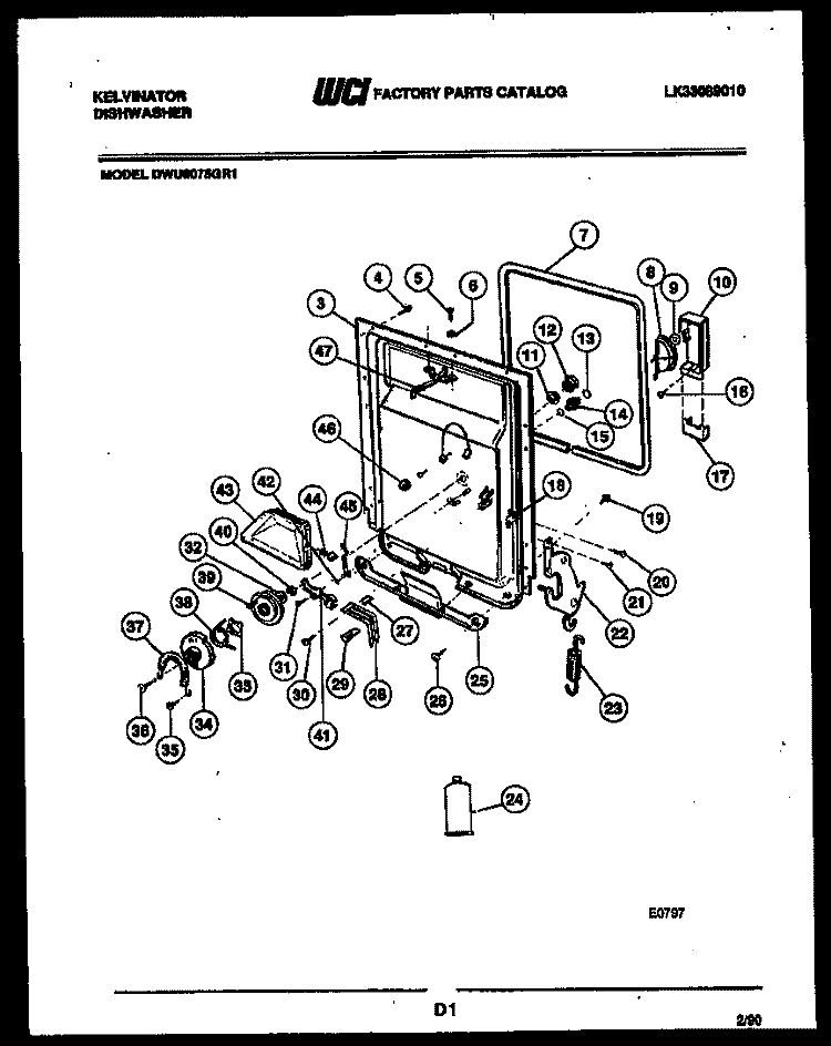 INNER DOOR PARTS Diagram and Parts List for DWU6075GR1  Kelvinator Dishwasher