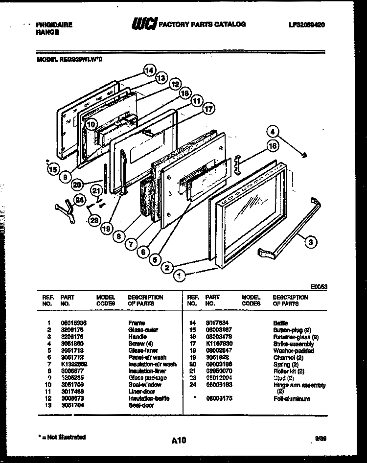 DOOR PARTS Diagram and Parts List for REGS39WLW0  Frigidaire Range