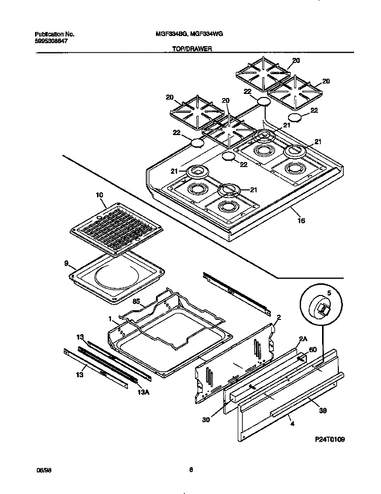 TOP / DRAWER Diagram and Parts List for MGF334BGDA  Frigidaire Range