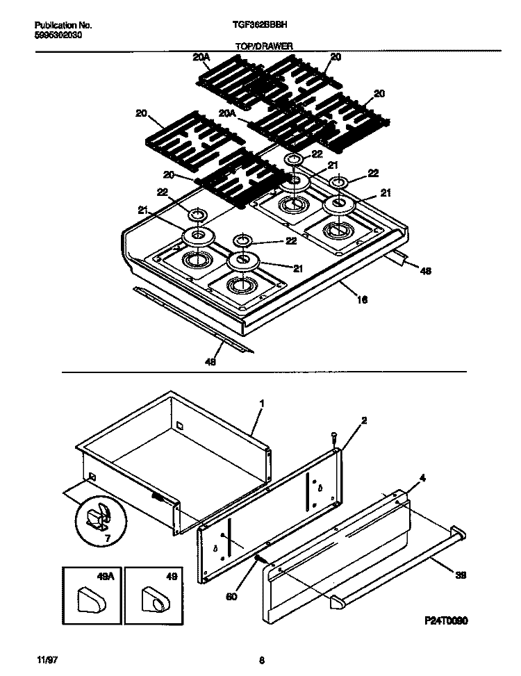 TOP / DRAWER Diagram and Parts List for TGF362BBBH  Tappan Range