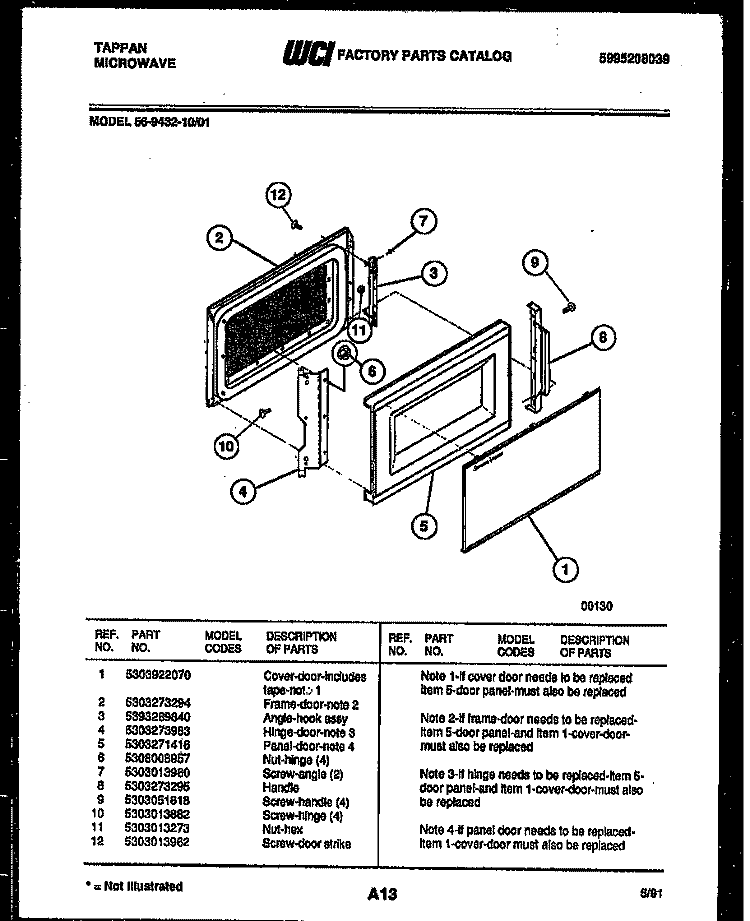 DOOR PARTS Diagram and Parts List for 56-9432-10-01  Tappan Microwave