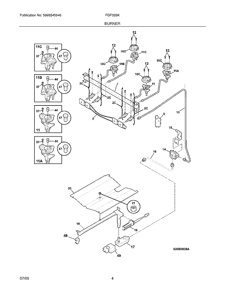 BURNER Diagram and Parts List for FGF326KBB  Frigidaire Range
