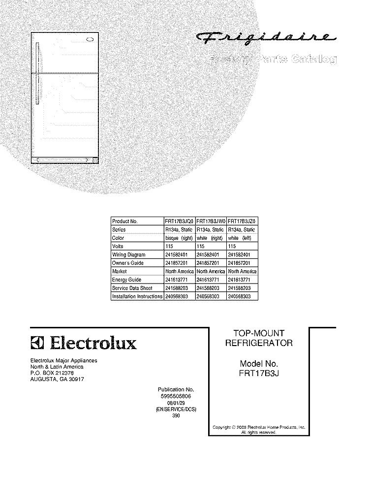 COVER Diagram and Parts List for FRT17B3JW0  Frigidaire Refrigerator