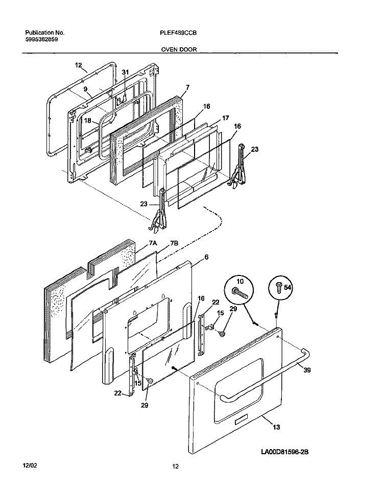 OVEN DOOR Diagram and Parts List for PLEF489CCB  Frigidaire Range