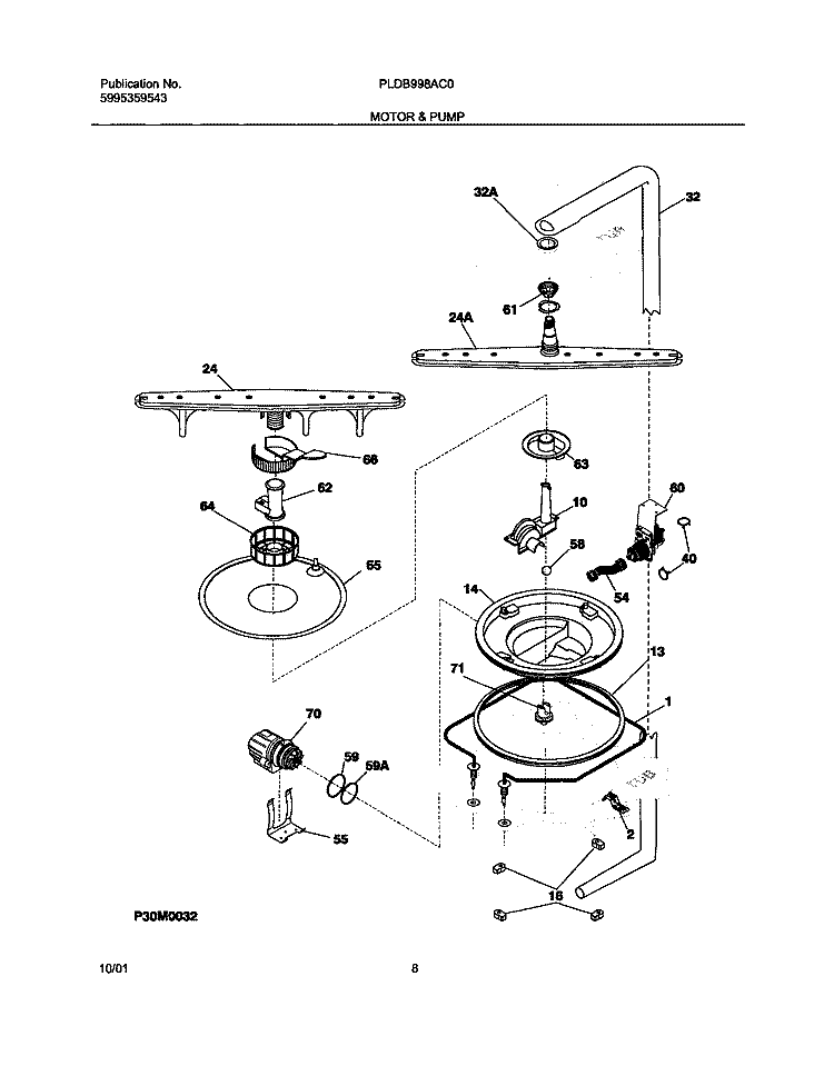 MOTOR & PUMP Diagram and Parts List for PLDB998AC0  Frigidaire Dishwasher