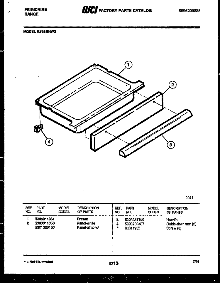 DRAWER PARTS Diagram and Parts List for RS33BNL2  Frigidaire Range