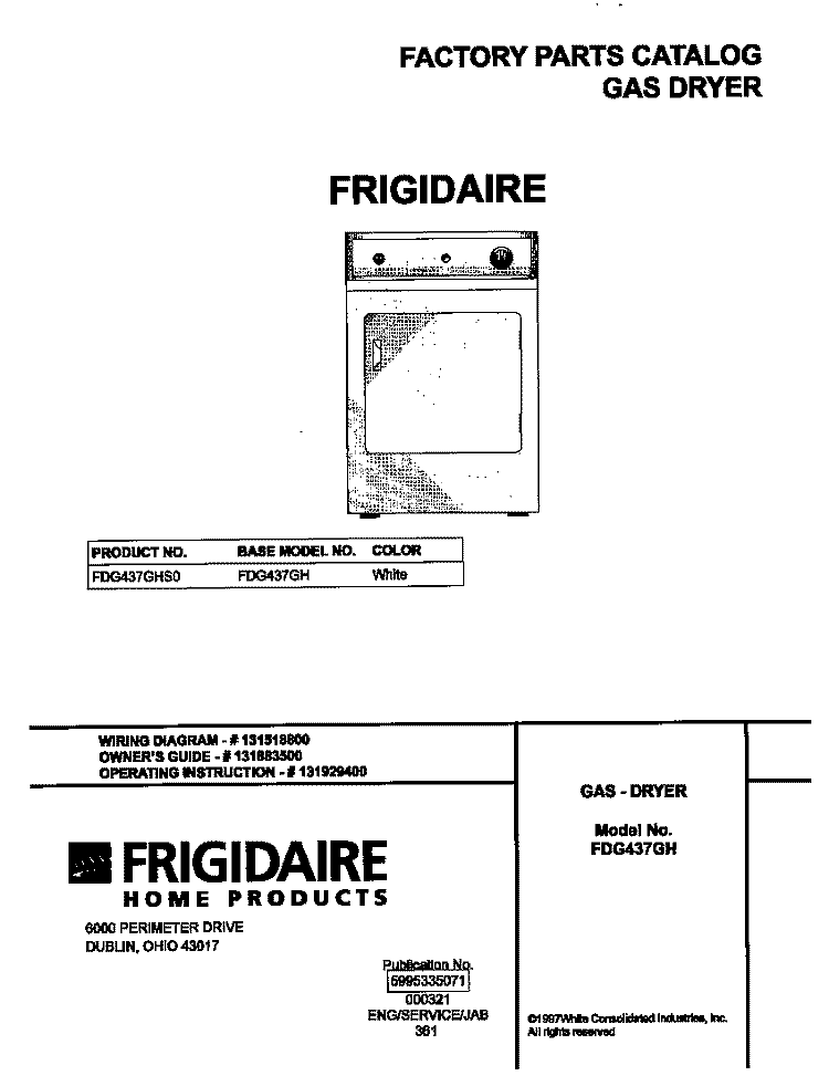 COVER Diagram and Parts List for FDG437GHS0  Frigidaire Dryer