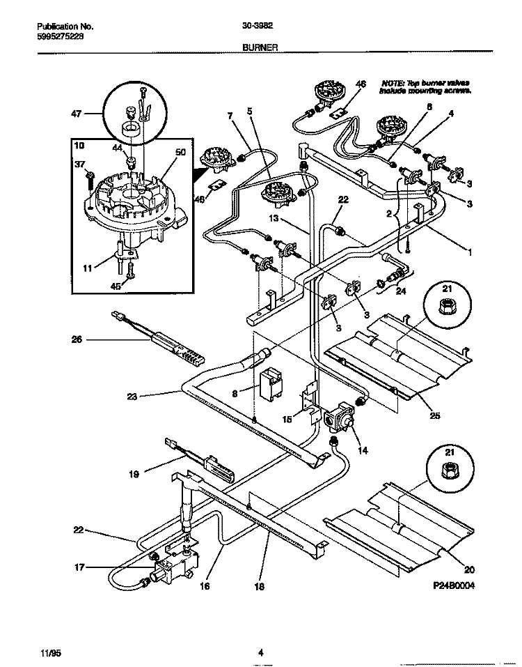 BURNER Diagram and Parts List for 30-3982-23-07  Tappan Range