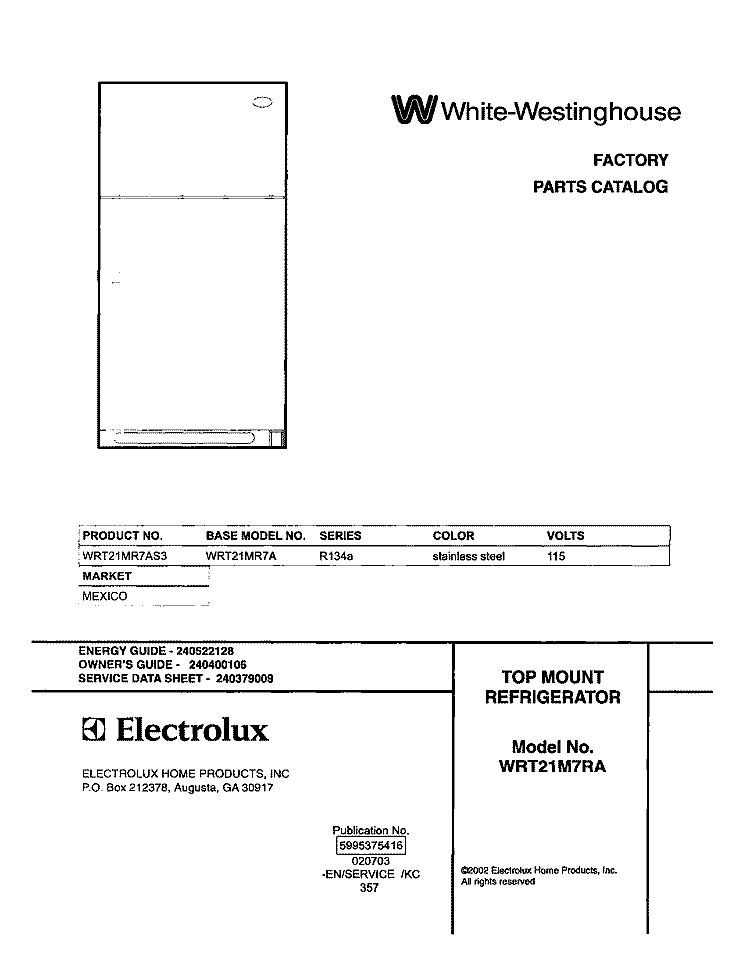 COVER Diagram and Parts List for WRT21MR7AS3  Westinghouse Refrigerator