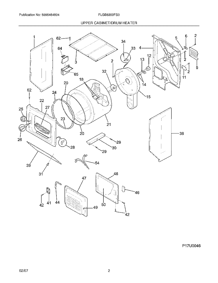 UPPER CABINET / DRUM HEATER Diagram and Parts List for FLGB8200FS0  Frigidaire Washer Dryer Combo