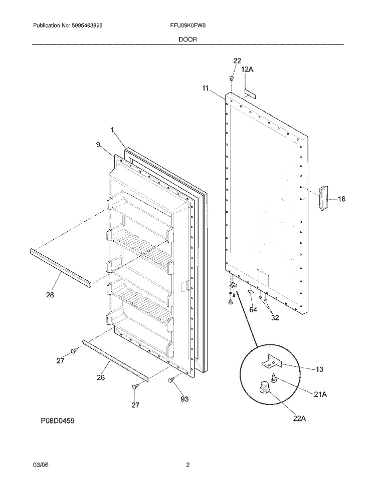 DOOR Diagram and Parts List for FFU09K0FW0  Frigidaire Freezer