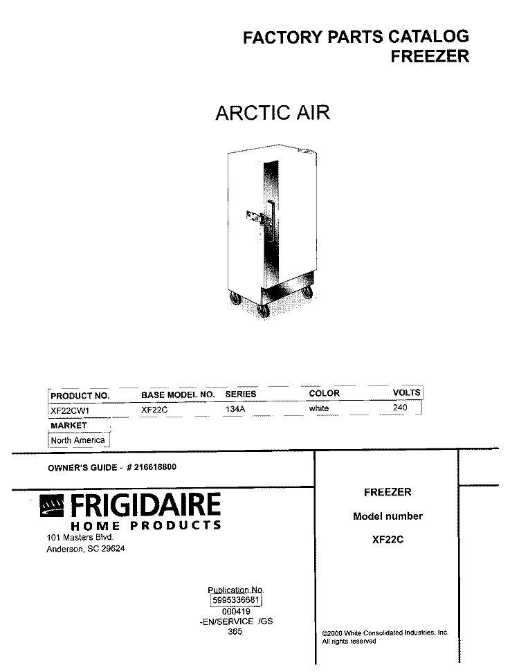 COVER Diagram and Parts List for XF22CW1  Frigidaire Freezer