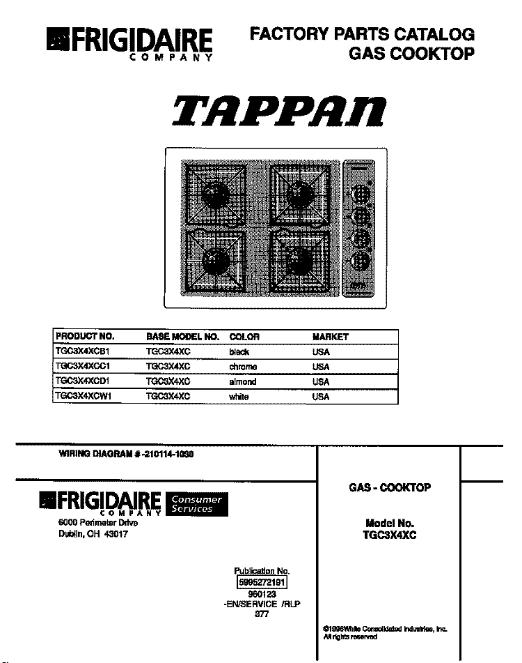 COVER Diagram and Parts List for TGC3X4XCC1  Tappan Cooktop