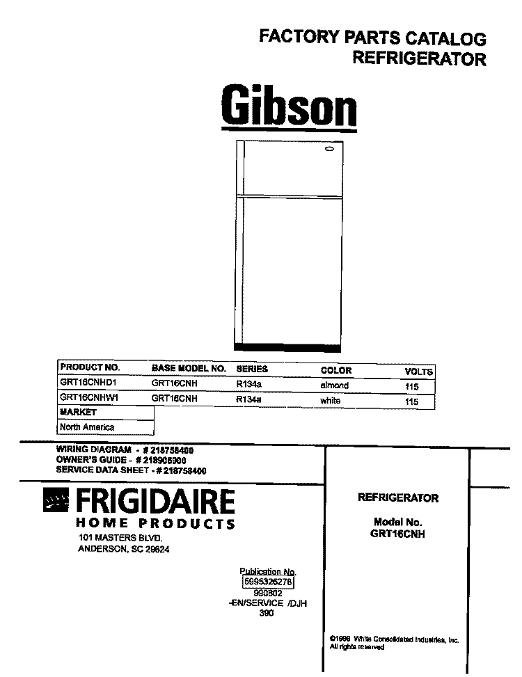 COVER Diagram and Parts List for GRT16CNHD1  Gibson Refrigerator