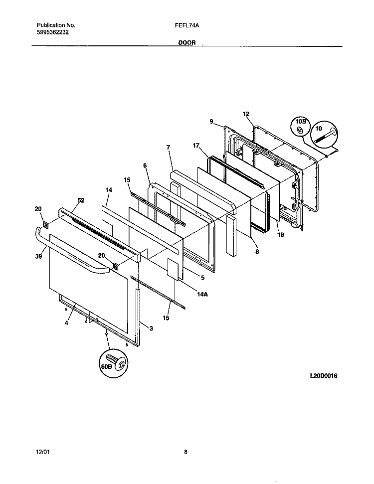 DOOR Diagram and Parts List for FEFL74ABB  Frigidaire Range