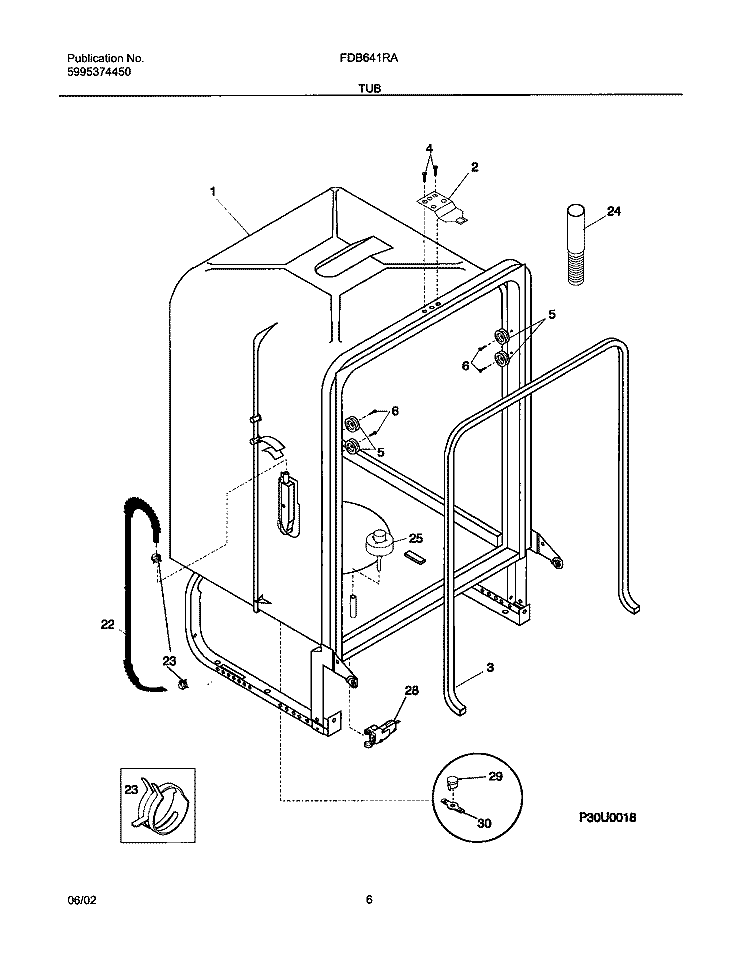 TUB Diagram and Parts List for FDB641RAB1  Frigidaire Dishwasher