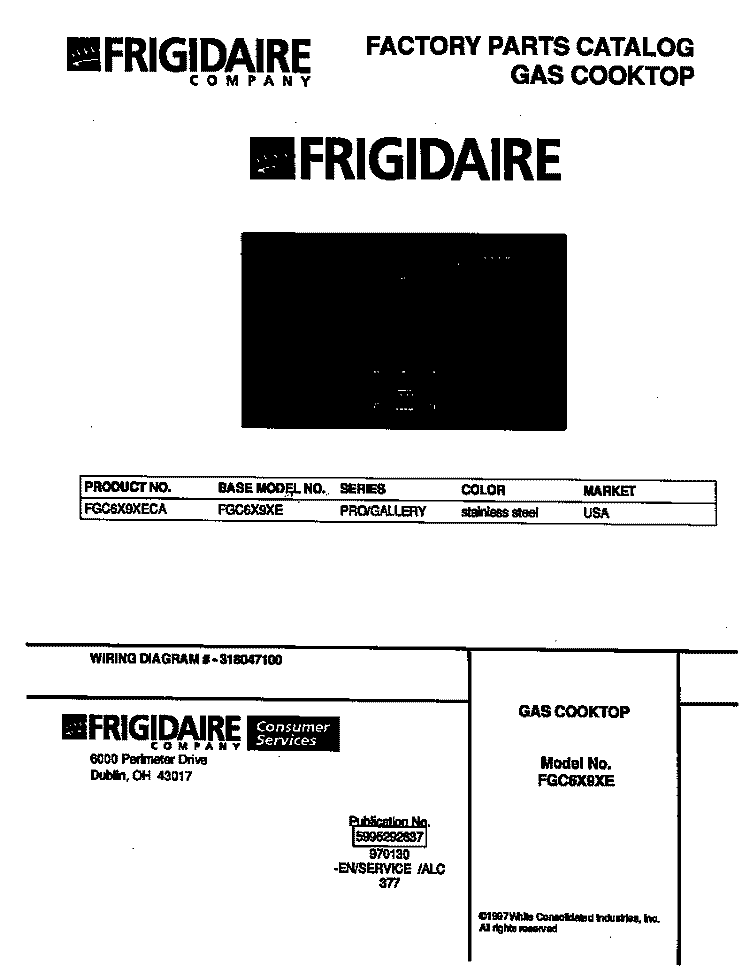 COVER Diagram and Parts List for FGC6X9XECA  Frigidaire Cooktop